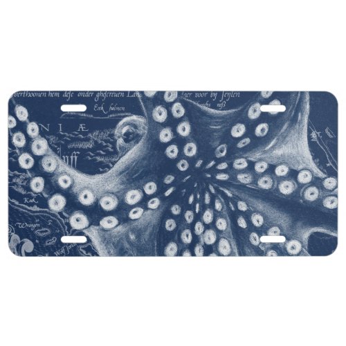 Blue Octopus Vintage Map Chic License Plate