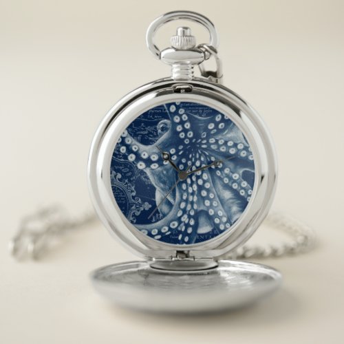 Blue Octopus Vintage Map Chic Pocket Watch