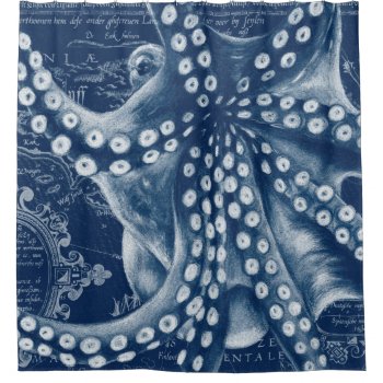 Blue Octopus Vintage Map Chic Shower Curtain by EveyArtStore at Zazzle