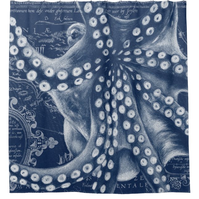 Blue Octopus Vintage Map Chic Shower Curtain (Front)