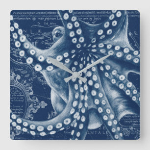 Blue Octopus Vintage Map Chic Square Wall Clock