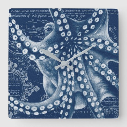 Blue Octopus Vintage Map Chic Square Wall Clock