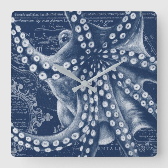 Blue Octopus Vintage Map Chic Square Wall Clock (Front)