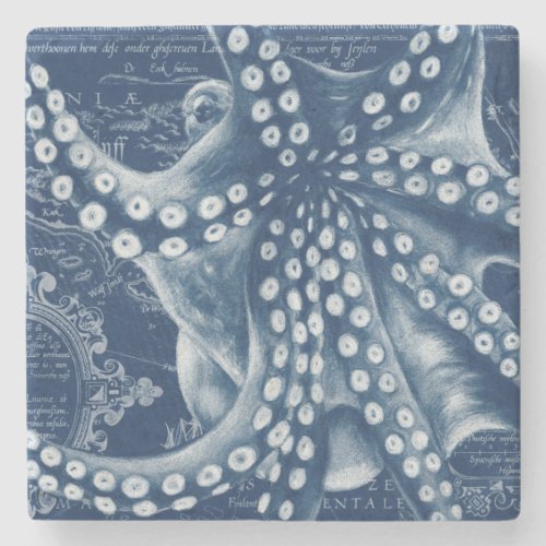 Blue Octopus Vintage Map Chic Stone Coaster