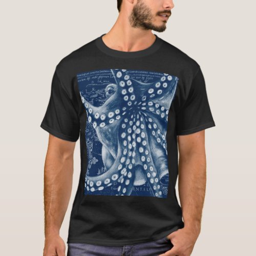 Blue Octopus Vintage Map Chic T_Shirt