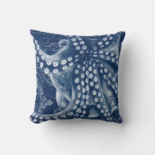Blue Octopus Vintage Map Chic Throw Pillow (Front)