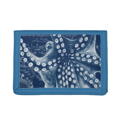 Blue Octopus Vintage Map Chic Trifold Wallet