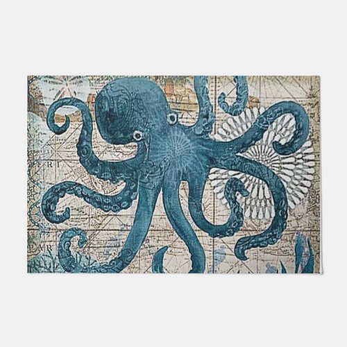 Blue Octopus Vintage Map Compass Bath Mat