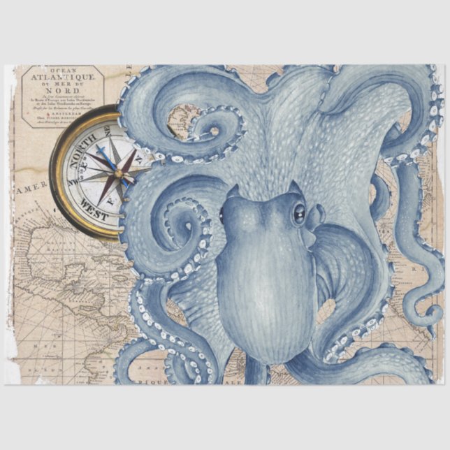 Blue Octopus Vintage Map Compass Nautical Tissue Paper (Front)