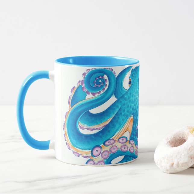 Blue Octopus Watercolor Art Mug (With Donut)