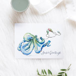 Blue Octopus Watercolor Beach Christmas Holiday Card<br><div class="desc">This simple holiday card features a replica of my original hand painted watercolor octopus with a string of Christmas lights in shades of ocean blue, red and green on a crisp white background. The words Seas and Greetings are set in a modern brush script typography. The inside features a solid...</div>