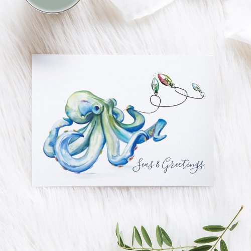 Blue Octopus Watercolor Beach Christmas Holiday Card