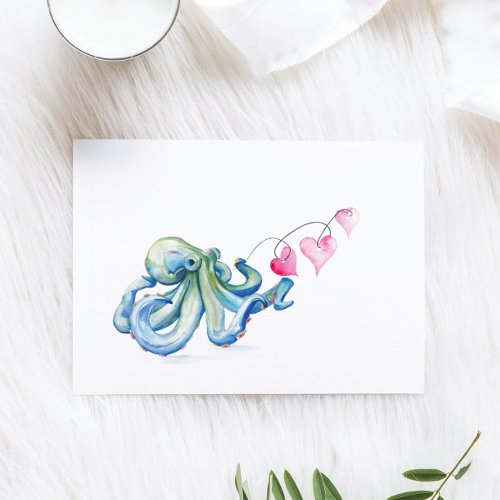Blue Octopus Watercolor Beach Valentines Day Holiday Card