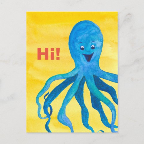 Blue Octopus Yellow Hello Postcard