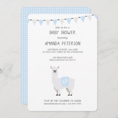 Blue  Off_White Gender Neutral Llama Baby Shower Invitation