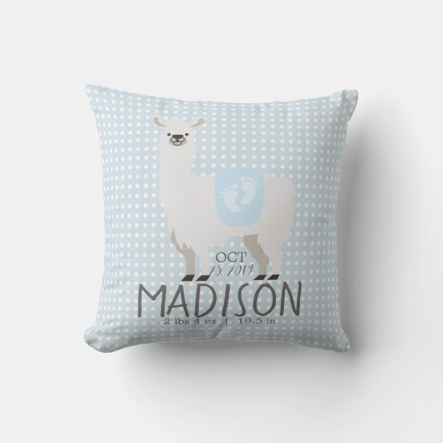 Blue & Off-White Llama Birth Stats Throw Pillow (Front)