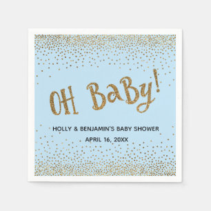 Blue "Oh Baby!" Gold Glitter Confetti Names, Date Napkins