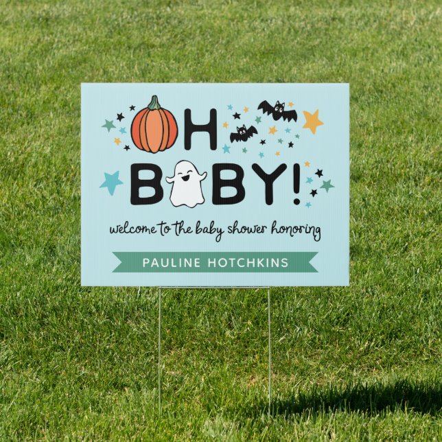 Blue Oh Baby Halloween Baby Shower Welcome Sign (Insitu)
