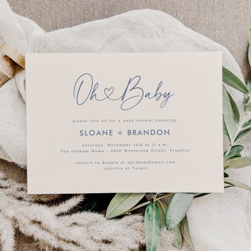 Blue Oh Baby Heart Calligraphy Simple Baby Shower Invitation