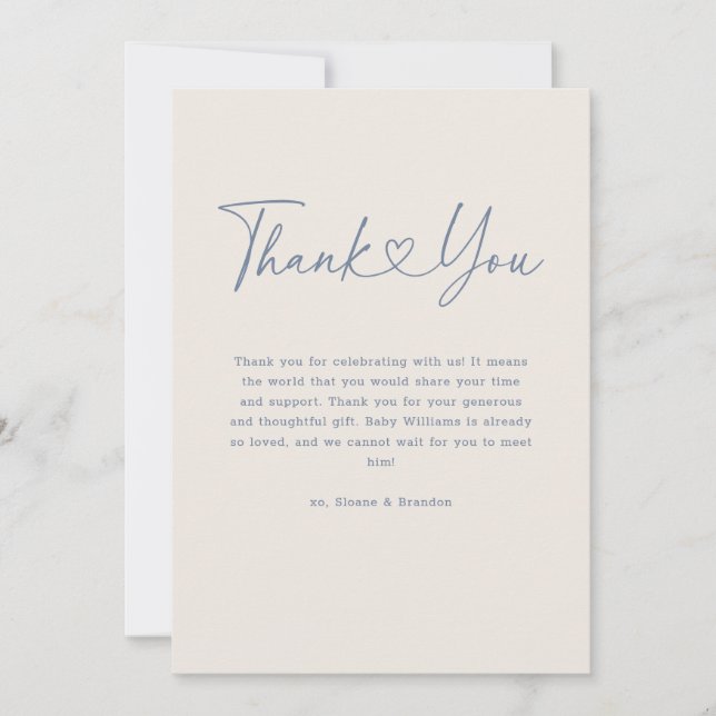 Blue Oh Baby Heart Calligraphy Simple Baby Shower Thank You Card (Front)