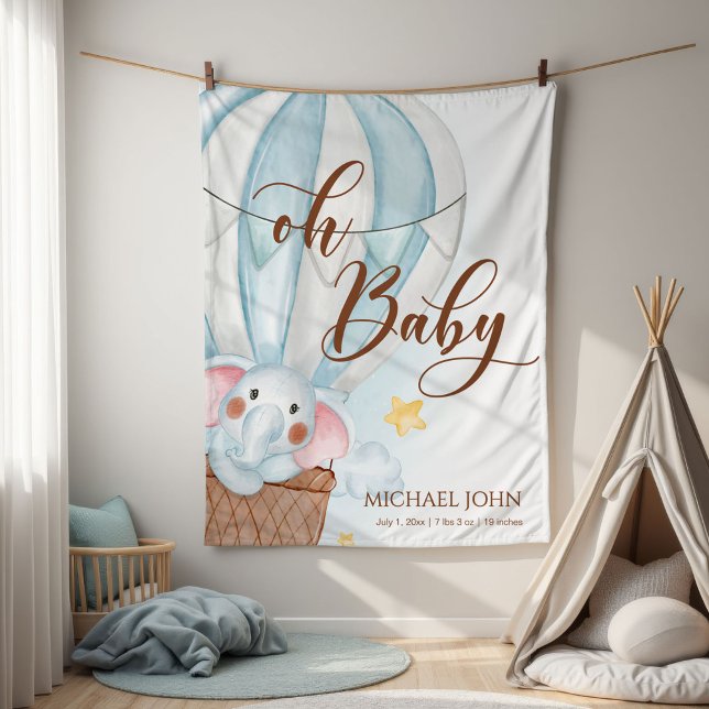Blue Oh Baby Script Elephant Hot Air Balloon Baby Baby Blanket (Creator Uploaded)