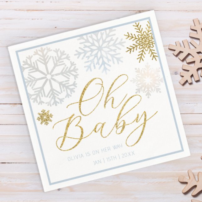 Blue Oh Baby Snowflake Winter Baby Shower Napkins (Winter wonderland baby shower paper napkins)
