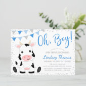 Blue Oh Boy Cow Baby Shower Invitation (Standing Front)