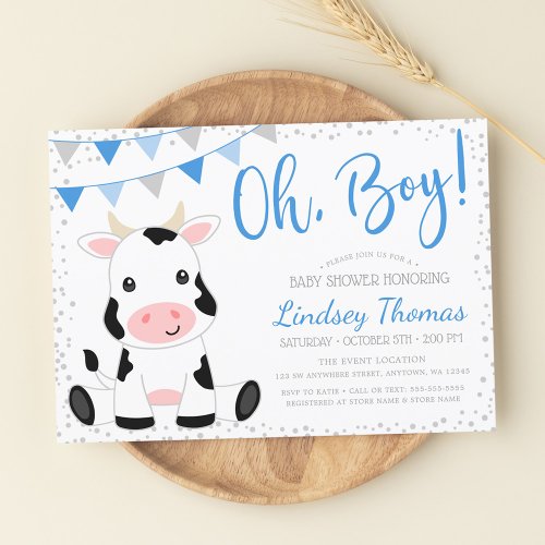 Blue Oh Boy Cow Baby Shower Invitation