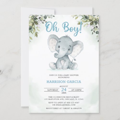 Blue Oh Boy Cute Elephant Baby Shower  Invitation
