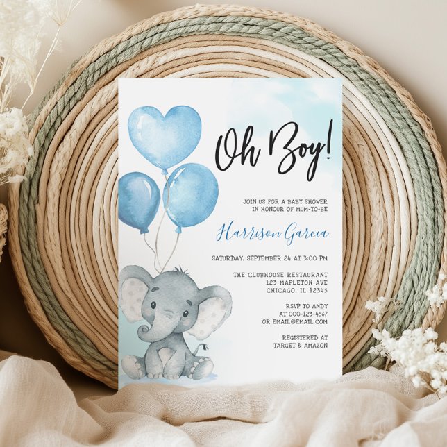 Blue Oh Boy Elephant Watercolor Baby Shower Invitation (Creator Uploaded)