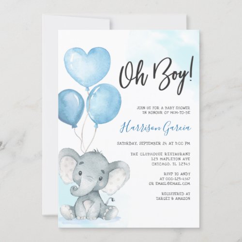 Blue Oh Boy Elephant Watercolor Baby Shower Invitation