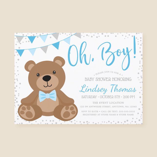 Blue Oh Boy Teddy Bear Baby Shower Invitation (Creator Uploaded)