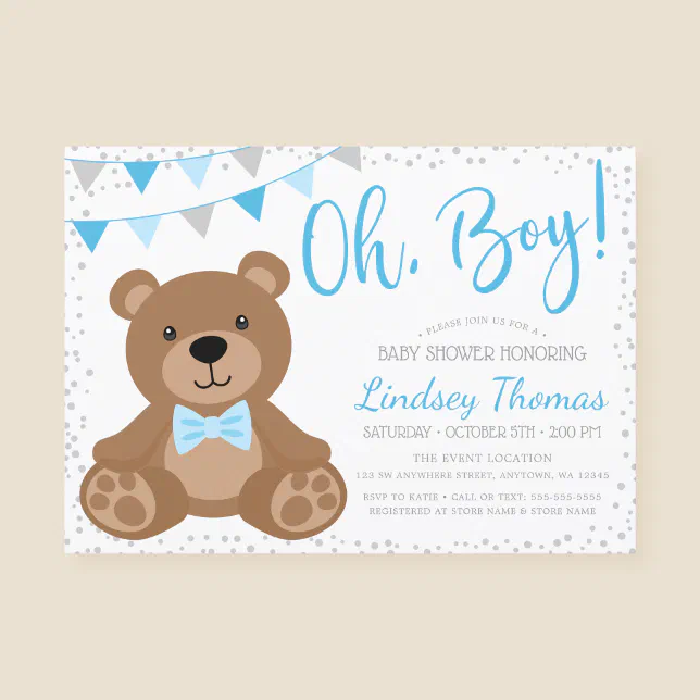 Blue Oh Boy Teddy Bear Baby Shower Invitation | Zazzle