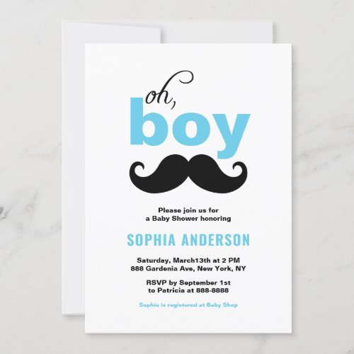 Blue Oh It's a Boy Mustache Baby Shower Invitation