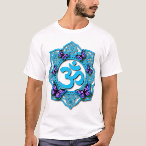 Blue ohm mandala design purple butterflies T_Shirt