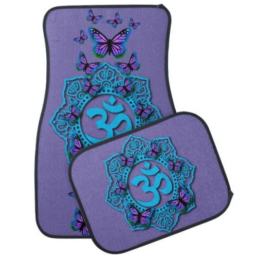 Blue ohm mandala design with purple butterflies  car floor mat