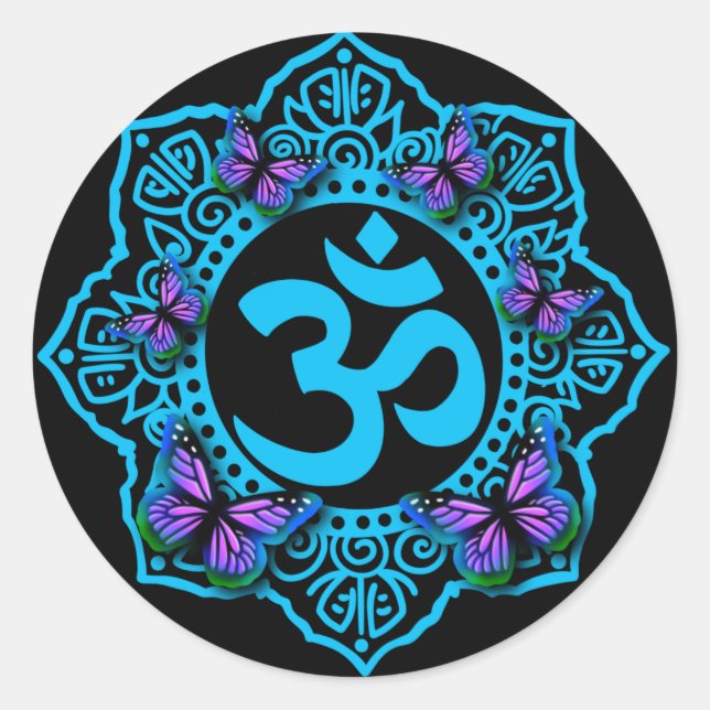 Blue ohm mandala design with purple butterflies classic round sticker (Front)