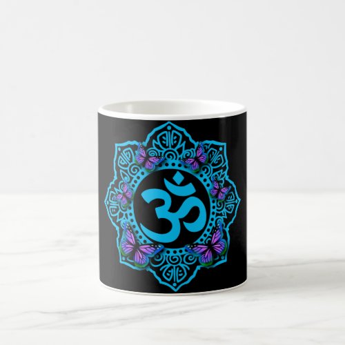 Blue ohm mandala design with purple butterflies coffee mug