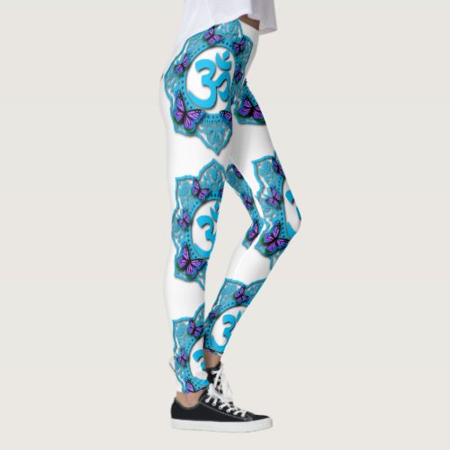 Blue ohm mandala design with purple butterflies leggings