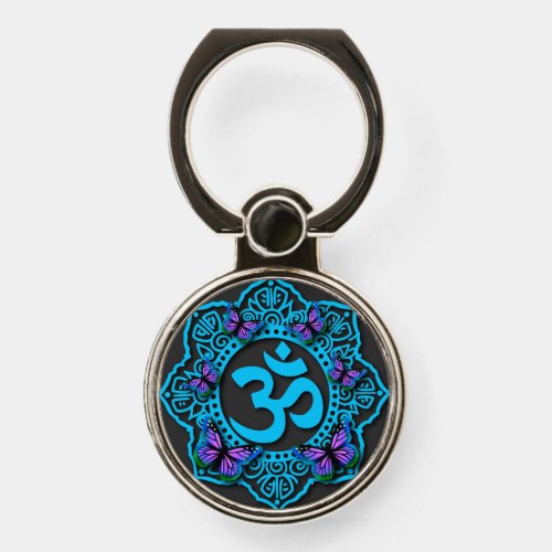 Blue ohm mandala design with purple butterflies phone ring stand