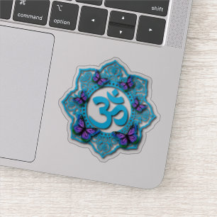 Blue ohm mandala design with purple butterflies sticker