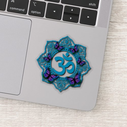 Blue ohm mandala design with purple butterflies sticker