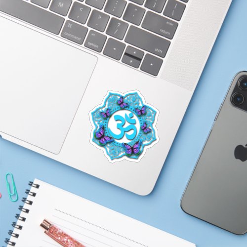 Blue ohm mandala design with purple butterflies sticker