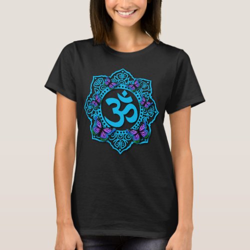 Blue ohm mandala design with purple butterflies T_Shirt