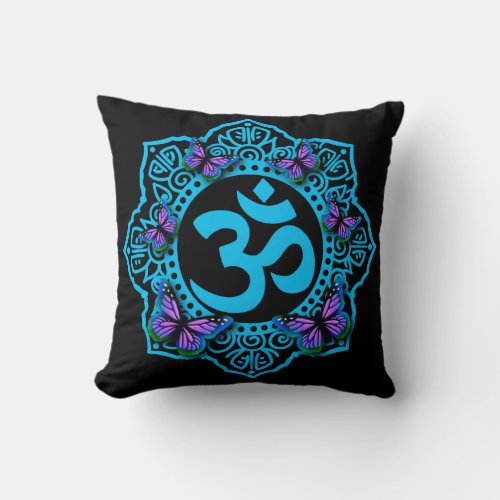 Blue ohm mandala design with purple butterflies throw pillow