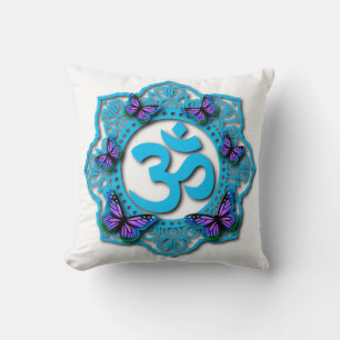 Blue ohm mandala design with purple butterflies throw pillow