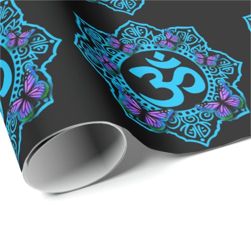 Blue ohm mandala design with purple butterflies wrapping paper