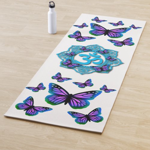 Blue ohm mandala design with purple butterflies yoga mat