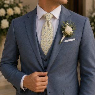 Blue & Olive Botanical Geometric Garden Wedding Neck Tie