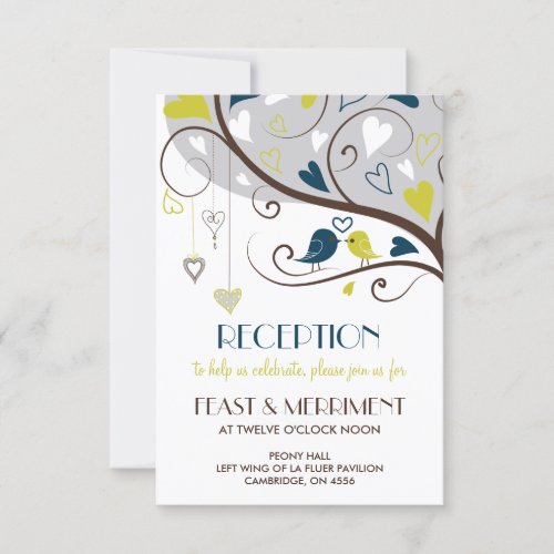 Blue  Olive  Cute Lovebirds Reception Card